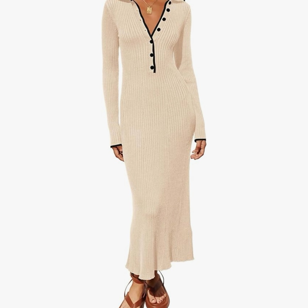 Cream Ribbed V-Neck Button Long Sleeve Dress